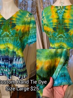 Hand Crafted Tie-Dye V-Neck Tee in Turquoise, Yellow & Green